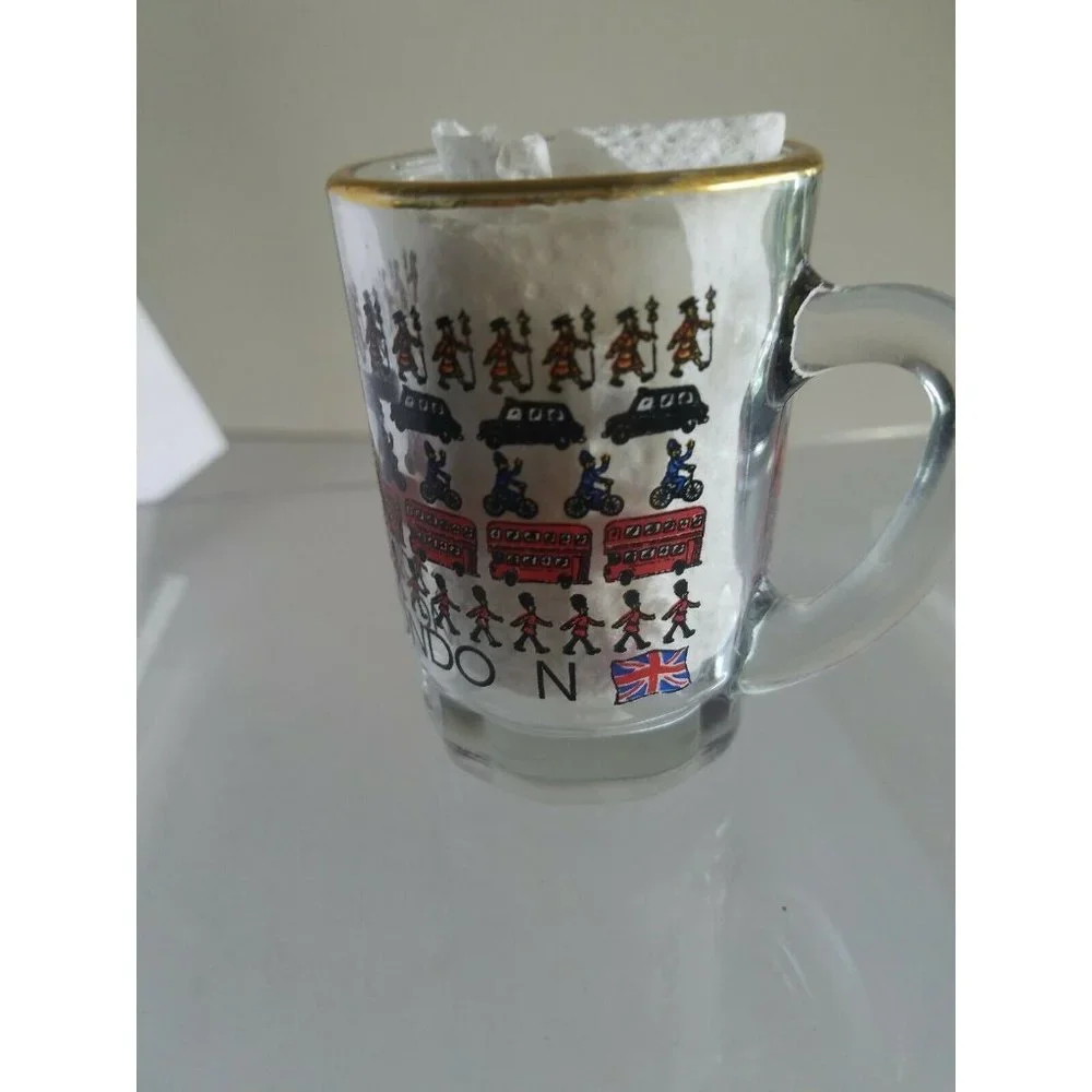 Vintage London Double Shot Glass with Handle Gold trim Double Decker Bus Flag +